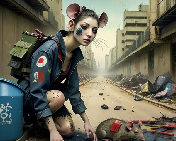 Post-Apocalyptic Urban Scene with Mouse-Like Woman
