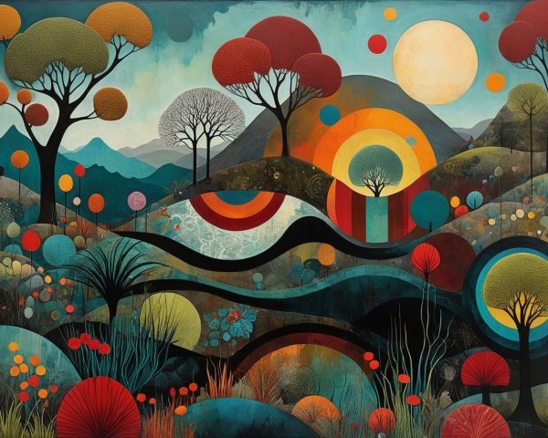 Vibrant Landscape with Colorful Trees and Sun