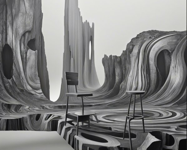 Abstract Black-and-White Landscape with Minimalist Chairs