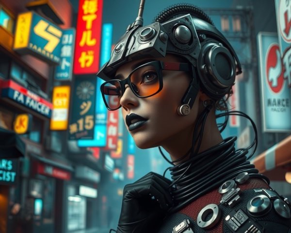 Futuristic Figure in Neon-Lit Urban Setting