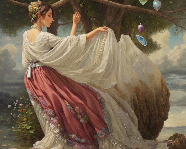 Serene Woman by Tranquil Water in Vibrant Nature