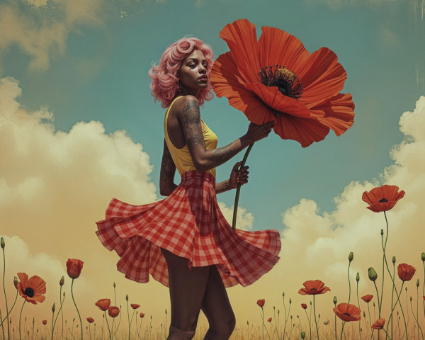 Confident Woman in Poppy Field with Bright Outfit