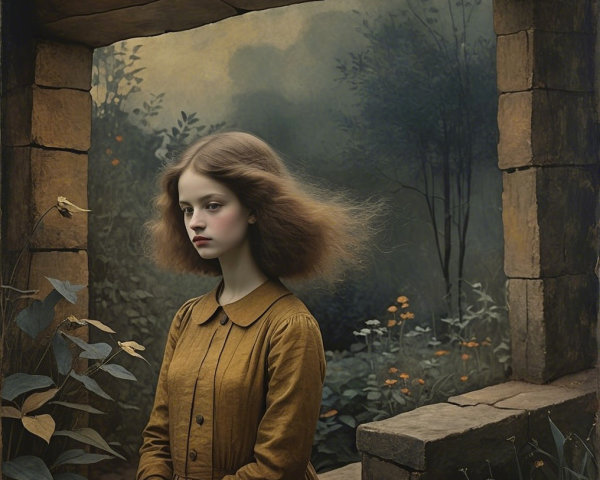 Young girl in vintage dress by ancient stone window