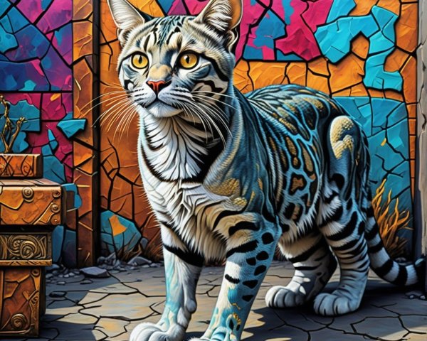 Spotted Cat in Vibrant Geometric Background