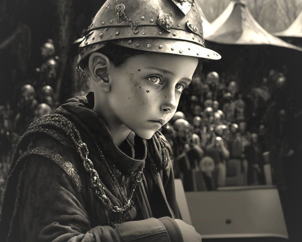 Child in vintage military helmet with serious expression