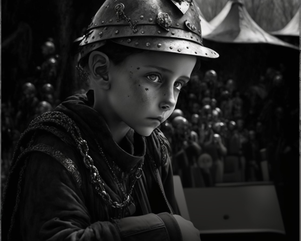 Child in vintage military helmet with serious expression