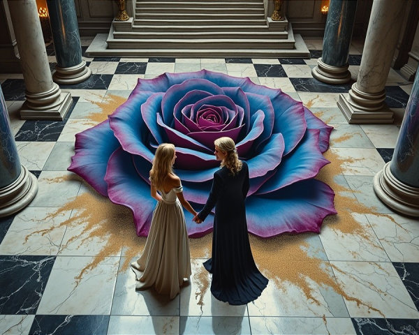 Women in Grand Hall with Vibrant Floor Rose Design