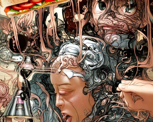 Surreal Abstract Artwork of Giant Sandwich and Figures