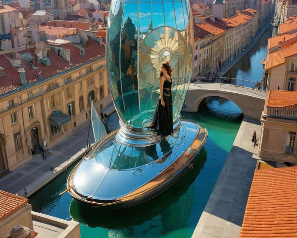 Futuristic Glass Egg Structure Over Canal Scene