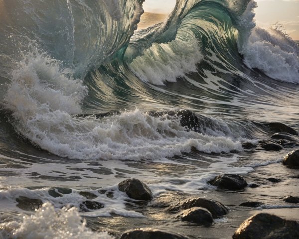 Dynamic Wave Crashing on Rocky Beach with Sunlight