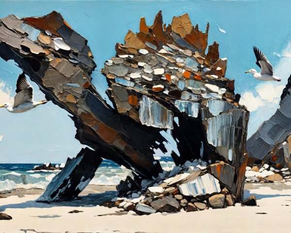 Coastal Scene with Rugged Rocks and Seagulls