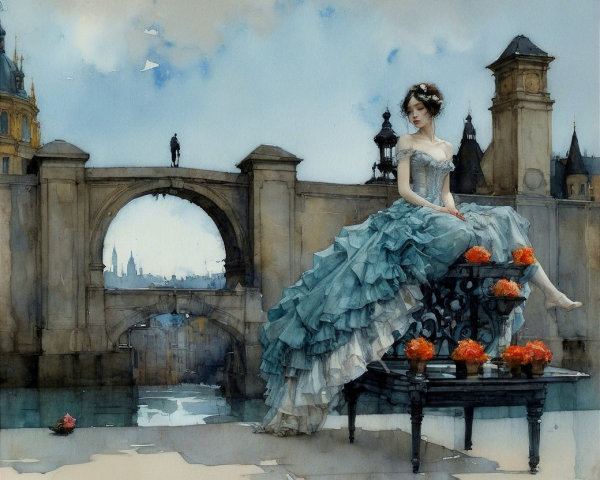 Dreamlike Scene of Woman in Blue Gown with Flowers