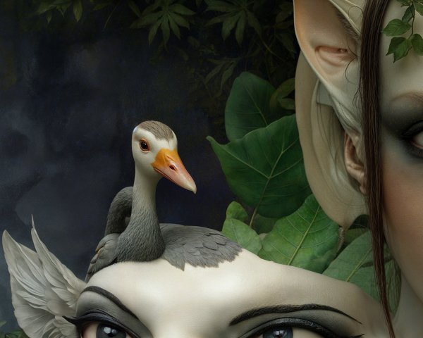 Surreal Composition of Woman's Face and Foliage