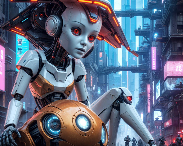 Futuristic Cityscape with Humanoid Robot and Neon Lights