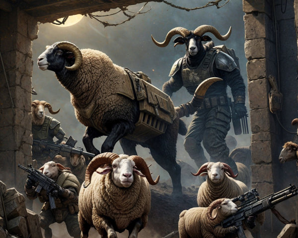 Armored Sheep in Tactical Gear Charge Through Rocky Entrance