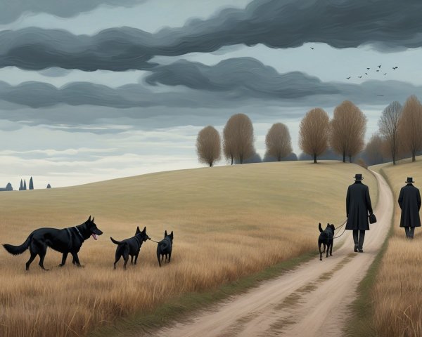 Figures in Top Hats Walking in a Golden Field