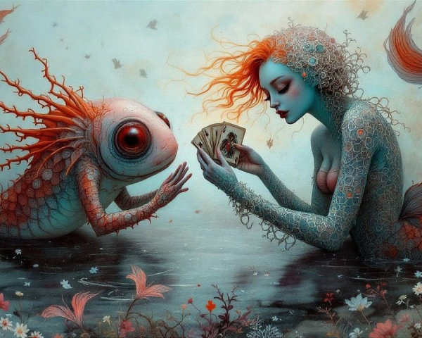 Whimsical Underwater Scene with Mermaid and Fish Creature