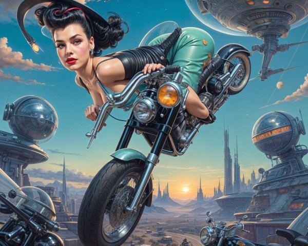 Retro-Inspired Woman with Motorcycle in Futuristic Setting