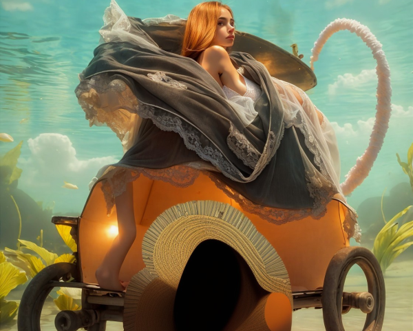 Surreal Underwater Scene with Floating Carriage and Fish