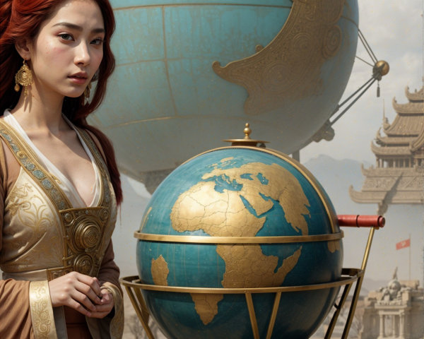 Young woman with red hair beside ornate globe scene