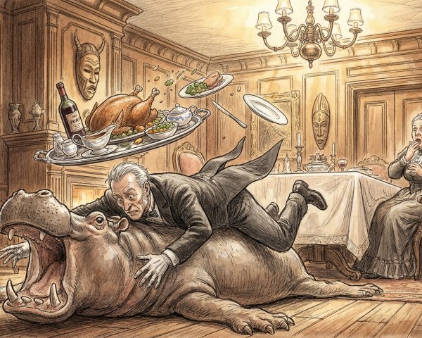 Chaotic Dining Room Scene with Butler and Hippo