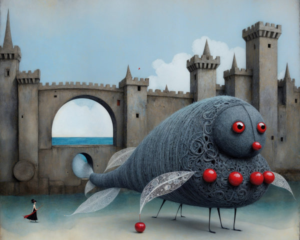 Whimsical Fish and Castle Scene with Flowing Dress