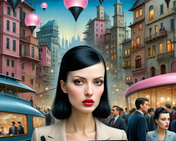 Stylish Woman in Urban Setting with Lanterns and Trams