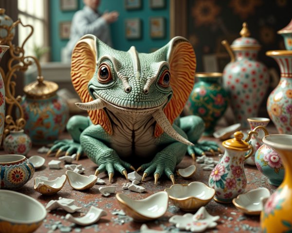 Whimsical Lizard Among Colorful Porcelain Vases