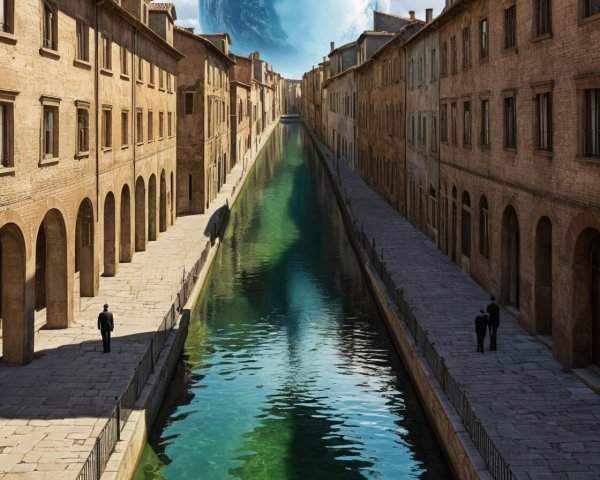 Serene canal with cobblestone street and otherworldly planet