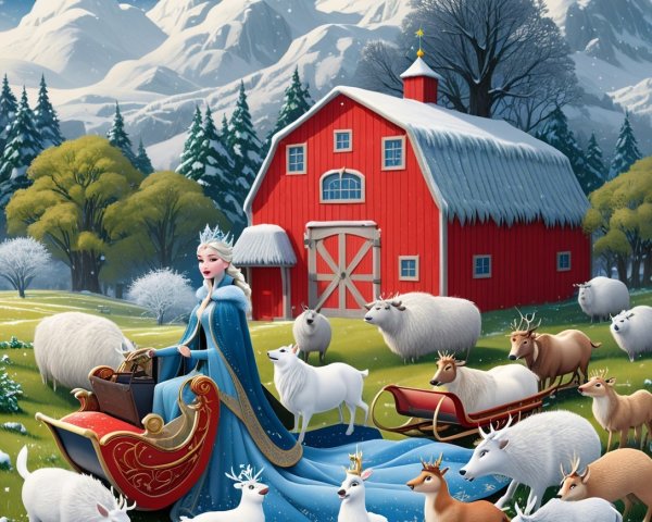 Majestic Winter Scene with Snowy Landscape and Animals
