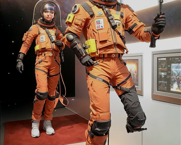 Astronauts in Orange Space Suits in Futuristic Exhibit