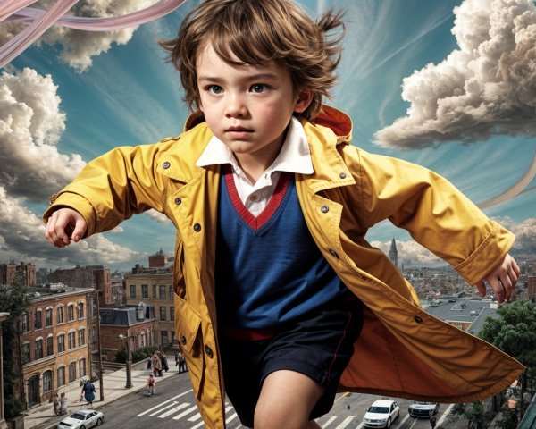 Child in yellow raincoat explores vibrant cityscape
