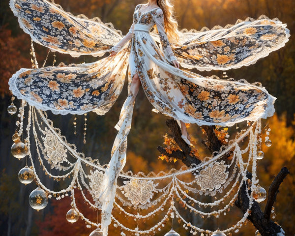Woman in Ethereal Gown Suspended in Autumn Landscape