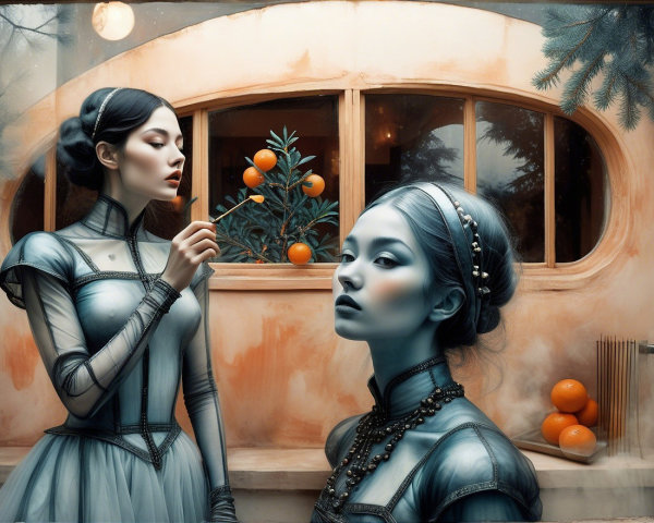 Surreal Scene of Two Women in a Softly Lit Room