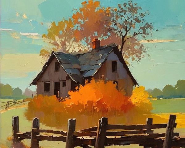 Rustic House Amid Vibrant Autumn Countryside Scene