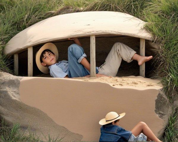 Children Playing in a Sandy Turtle Shell Structure