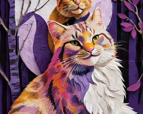 Stylized Cats in Vibrant Colors with Moonlit Forest