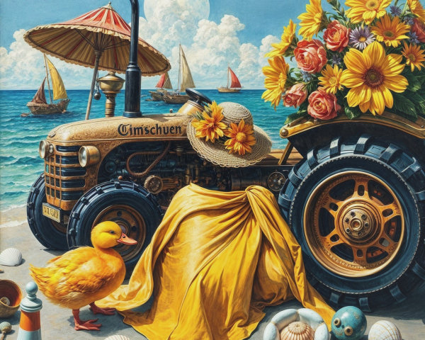 Whimsical Beach Scene with Duck and Yellow Tractor