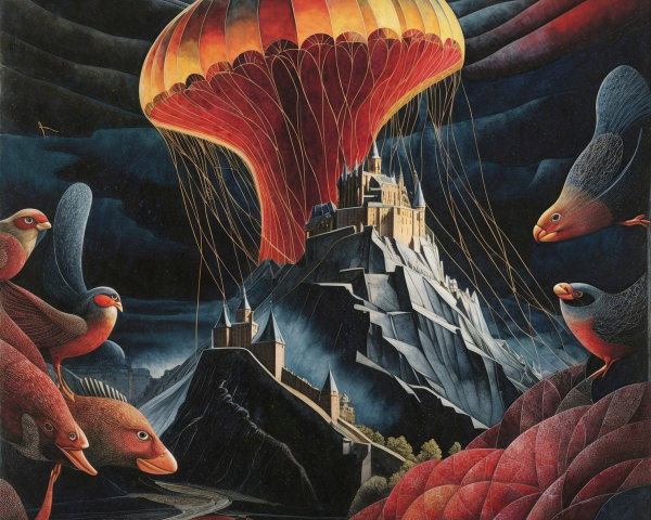 Surreal Castle Landscape with Vibrant Elements