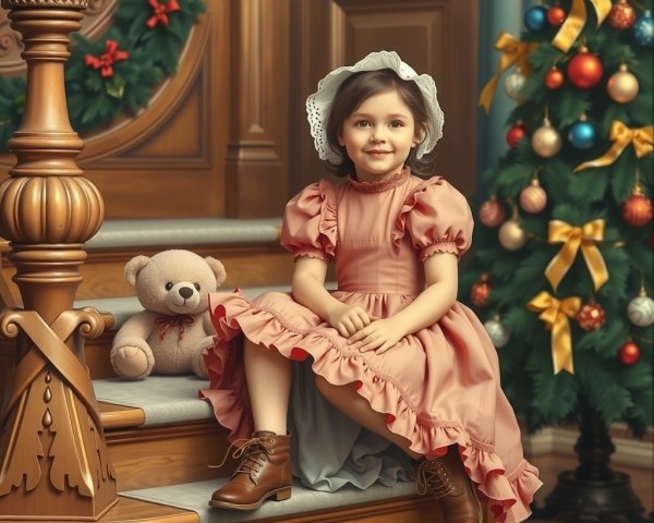 Young Girl in Vintage Dress by Christmas Tree