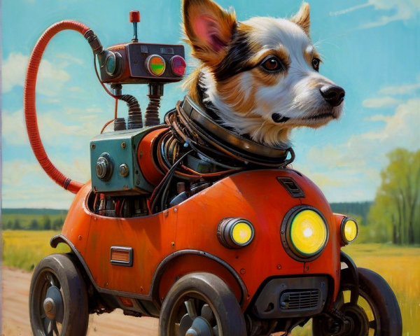 Whimsical robotic dog in a futuristic orange vehicle