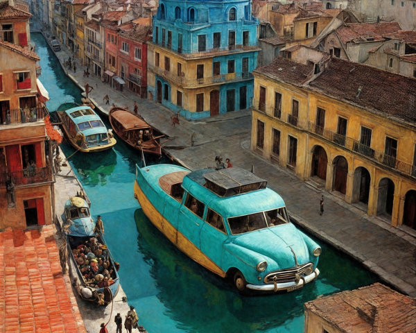 Surreal Cityscape with Colorful Buildings and Canal