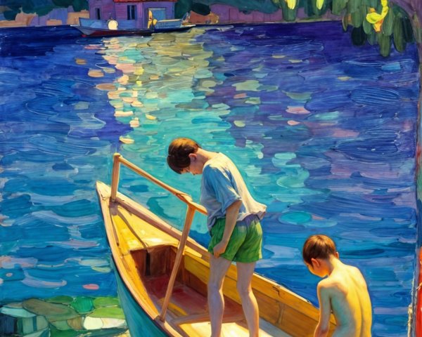 Boys in Boat Under Dual Moons and Dreamlike Landscape