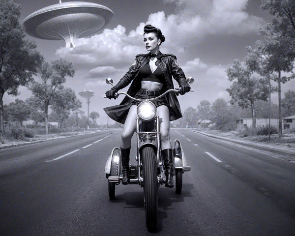 Stylish Woman on Vintage Motorcycle in Black-and-White