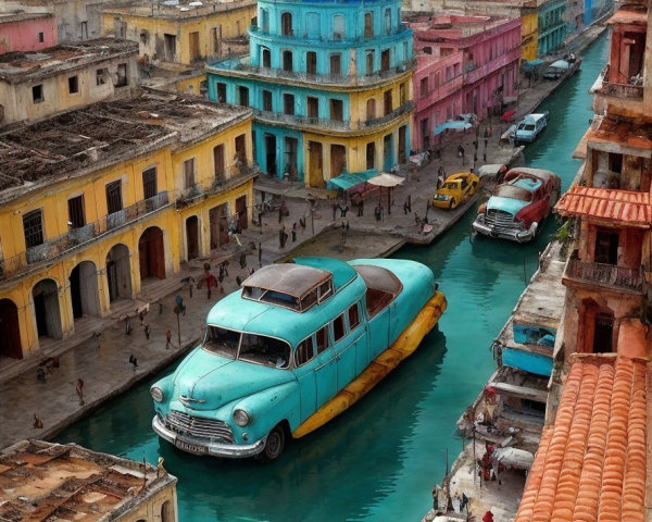 Vibrant Urban Canal Scene with Colorful Cityscape