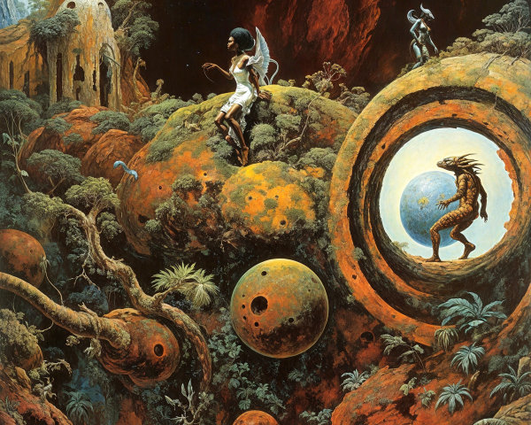 Surreal Landscape with Celestial Bodies and Ruins