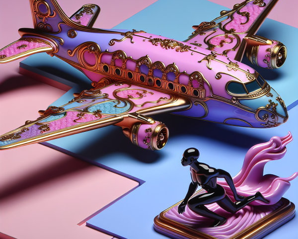 Whimsical Airplane with Futuristic Figure and Geometric Shapes