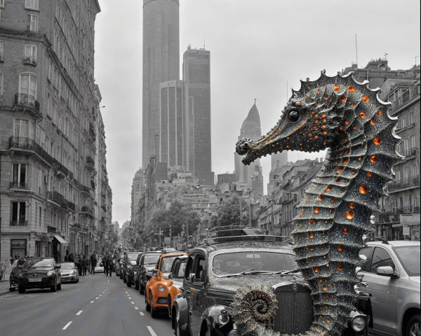 Surreal Urban Scene with Classic Cars and Seahorse Sculpture
