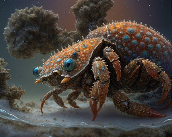 Surreal Underwater Scene with Vibrant Crab and Coral