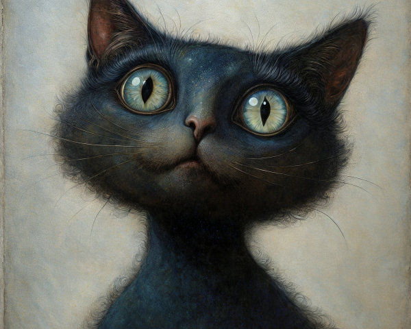 Large-eyed black cat with whimsical features and charm